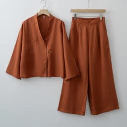 Women's Linen Two Piece Set Kimono Wrap Top & Wide Leg Pants Caramel Loose Loungewear Outfit with Waist Tie for summer