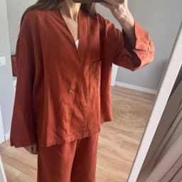 Women's Linen Two Piece Set Kimono Wrap Top & Wide Leg Pants Caramel Loose Loungewear Outfit with Waist Tie for summer