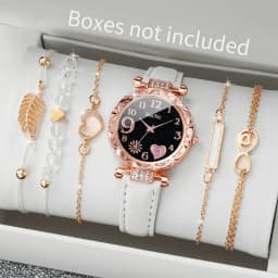 6PCS/Set Fashion Heart Dial Women's Watch Casual Leather Band Analog Quartz Watch Leaf Bracelets Set(Without Box)