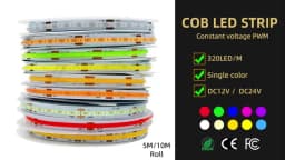 5/10m Super Bright FOB Single Color COB LED Strip Light Flexible 8MM PCB Width Neon Tape 12V 24V For Kitchen Cabinet Room Decor