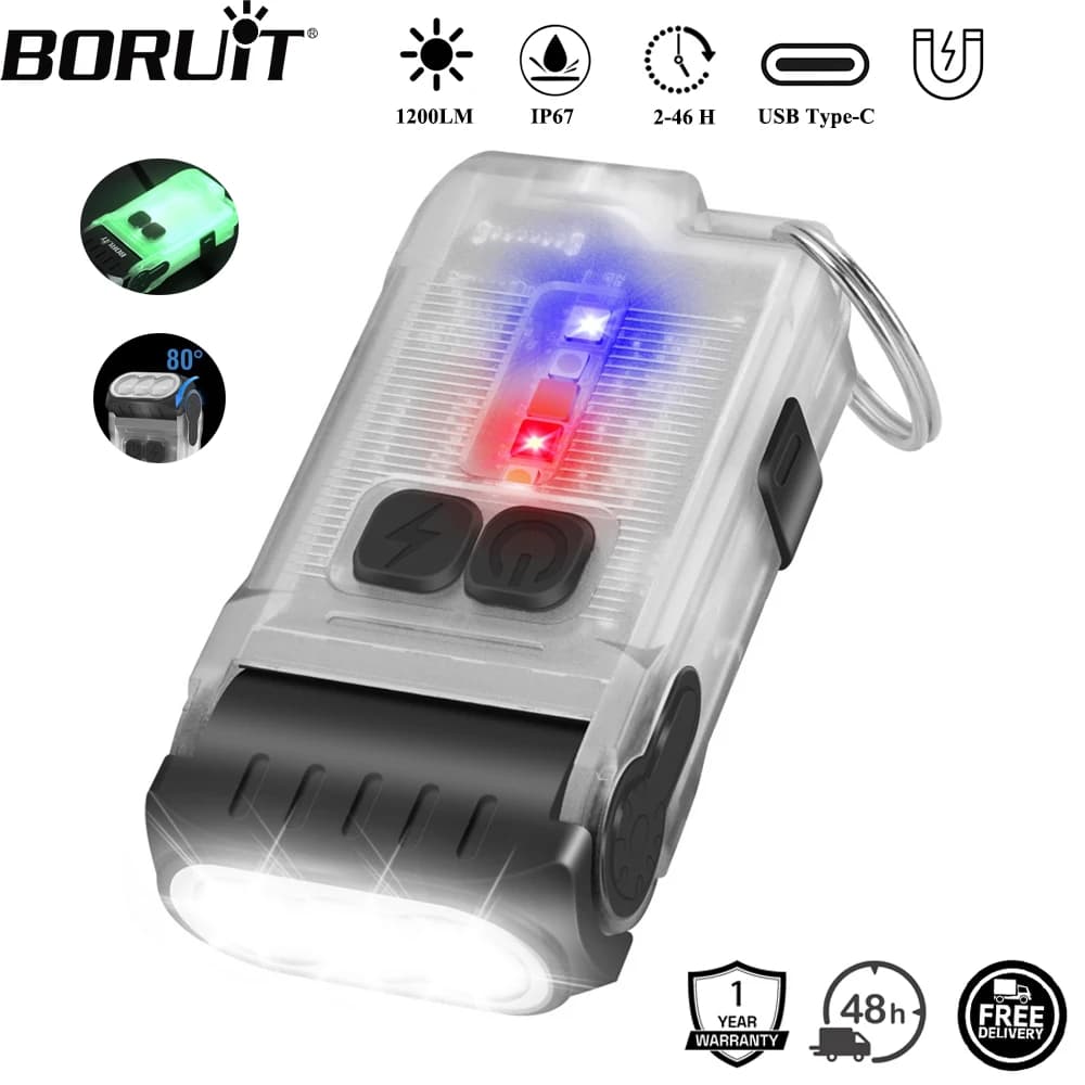 BORUiT V15 1200LM LED Keychain EDC Flashlight Type-C Rechargeable Work Light Torch with Magnet Waterproof Camping Pocket Lantern