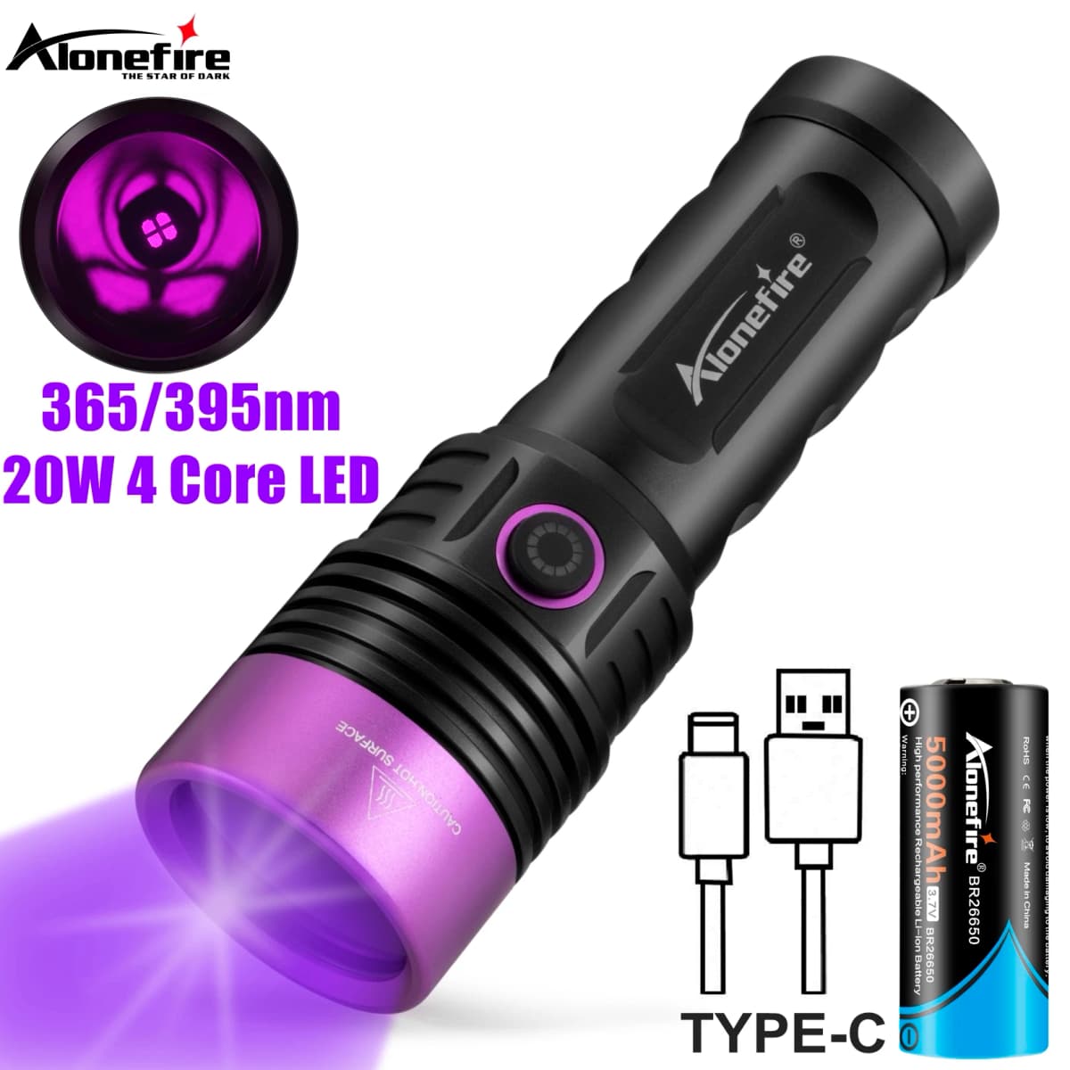 Alonefire SV53 20W 365nm High Power UV Flashlight Ultraviolet Blacklight Detector Money Pet Urine Dry Stains Bed Bug Scorpions