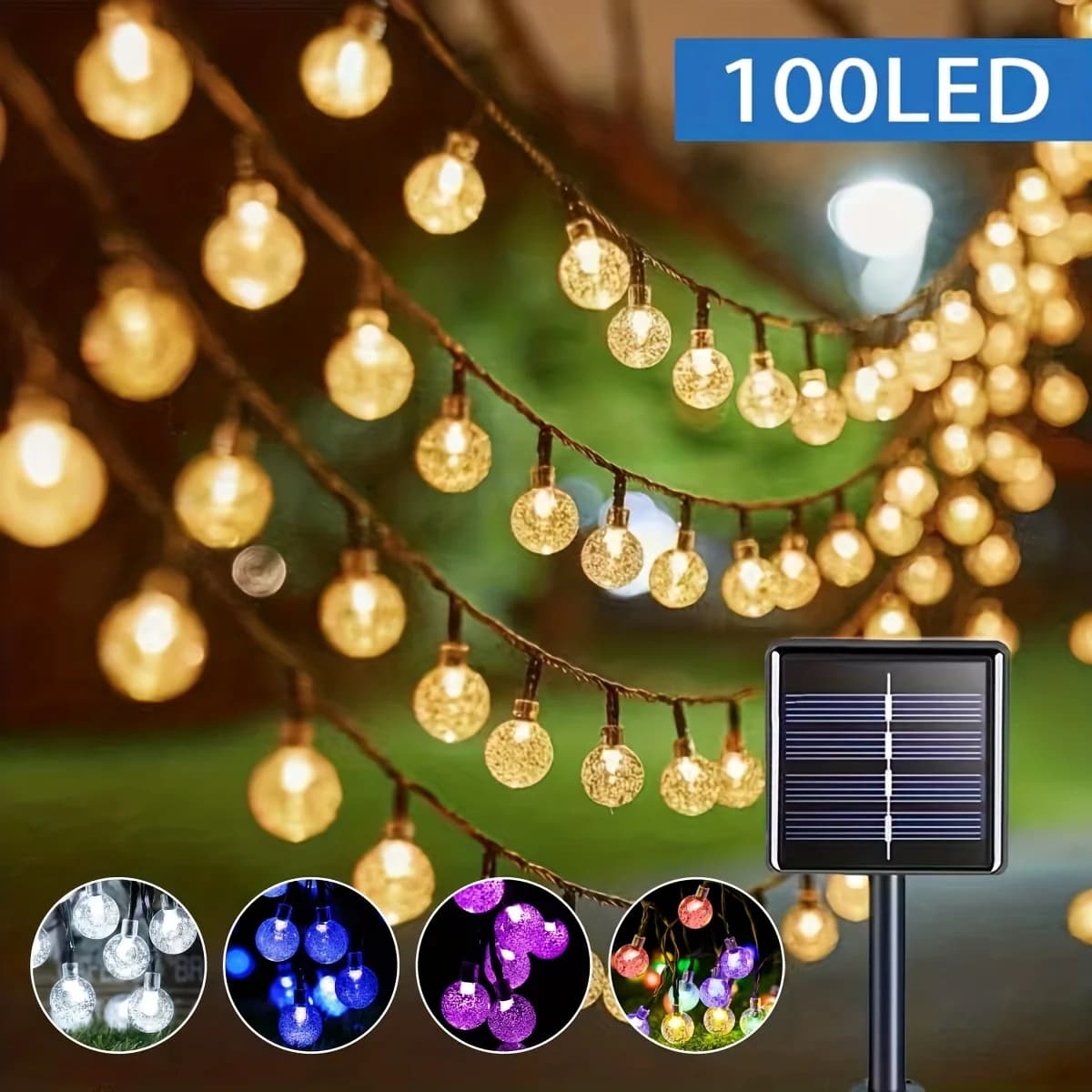 1 Pack 39FT IP65 Crystal Globe Solar String Lights 100 LED 8 Lighting Modes Solar Outdoor Lights For Halloween Christmas Party