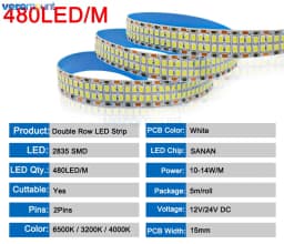 5m Double Row 2835 Flexible LED Strip 240leds/m 480leds/m Cool Warm White 4000K IP20 Non-Waterproof 1200/2400 SMDs 12V 24V DC