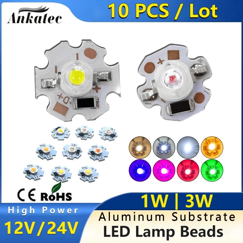 10PCS 12V 24V DC LED High Power Single Color Bead 1W 3W with Aluminum Plate Warm White Red Green Blue Pink Gold Yellow Lamp Chip