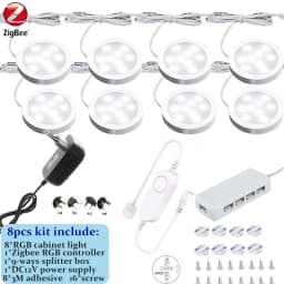 DC12V Tuya Zigbee LED Round Under Cabinet Light Kit RGB Color Change Dimming for Kitchen Shelf,Voice Control Google Alexa Echo