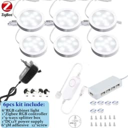 DC12V Tuya Zigbee LED Round Under Cabinet Light Kit RGB Color Change Dimming for Kitchen Shelf,Voice Control Google Alexa Echo