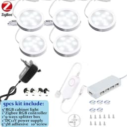 DC12V Tuya Zigbee LED Round Under Cabinet Light Kit RGB Color Change Dimming for Kitchen Shelf,Voice Control Google Alexa Echo
