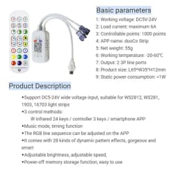 Bluetooth RGBIC LED Strip Controller Dreamcolor LED Strip Dimmer with 24 Key IR Remote Control 3pin Smart Pixel Controller