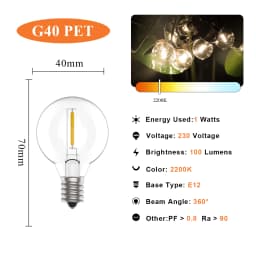Vintage G40 Led String Light Replacement Bulb 1W Plastic Shatterproof Globe Mini Ball Lamp E12 Base 2200K PET Edison Light Bulbs