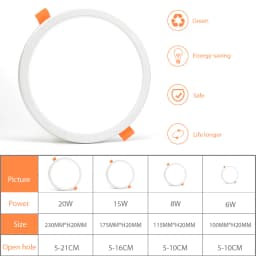 AC 85-265V Ultra Thin Round/Square LED Panel Light 6W 8W 15W 20W Aluminum Ceiling Recessed Downlight open hole adjustable White