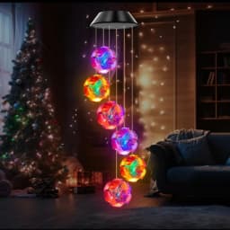1pc Solar Powered Color Changing Pink Embroidered Ball Flower Wind Chime Light Outdoor Night Light Hanging Solar Lamp