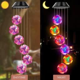 1pc Solar Powered Color Changing Pink Embroidered Ball Flower Wind Chime Light Outdoor Night Light Hanging Solar Lamp