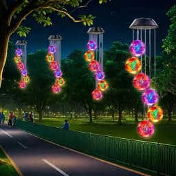 1pc Solar Powered Color Changing Pink Embroidered Ball Flower Wind Chime Light Outdoor Night Light Hanging Solar Lamp