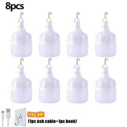 1-8pcs Portable Outdoor Camping Lights USB Rechargeable Lamp LED Emergency Bulb Hook High Power Tents Lantern Night Lights Bulb