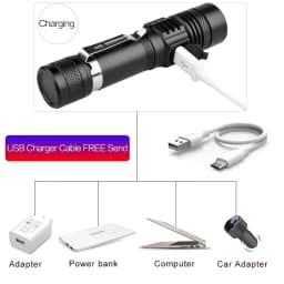 Super Bright T6 LED Lamp Beads Flashlight External 18650 Battery Flash Light Waterproof Torch Zoom 3 Lighting Modes USB Charger