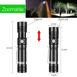 Super Bright T6 LED Lamp Beads Flashlight External 18650 Battery Flash Light Waterproof Torch Zoom 3 Lighting Modes USB Charger