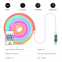 5V USB RGBIC Neon LED Strip WS2812 Fairy Dream Color RGB LED Neon Rope Lights with Bluetooth App and Remote For DIY Home Deocor