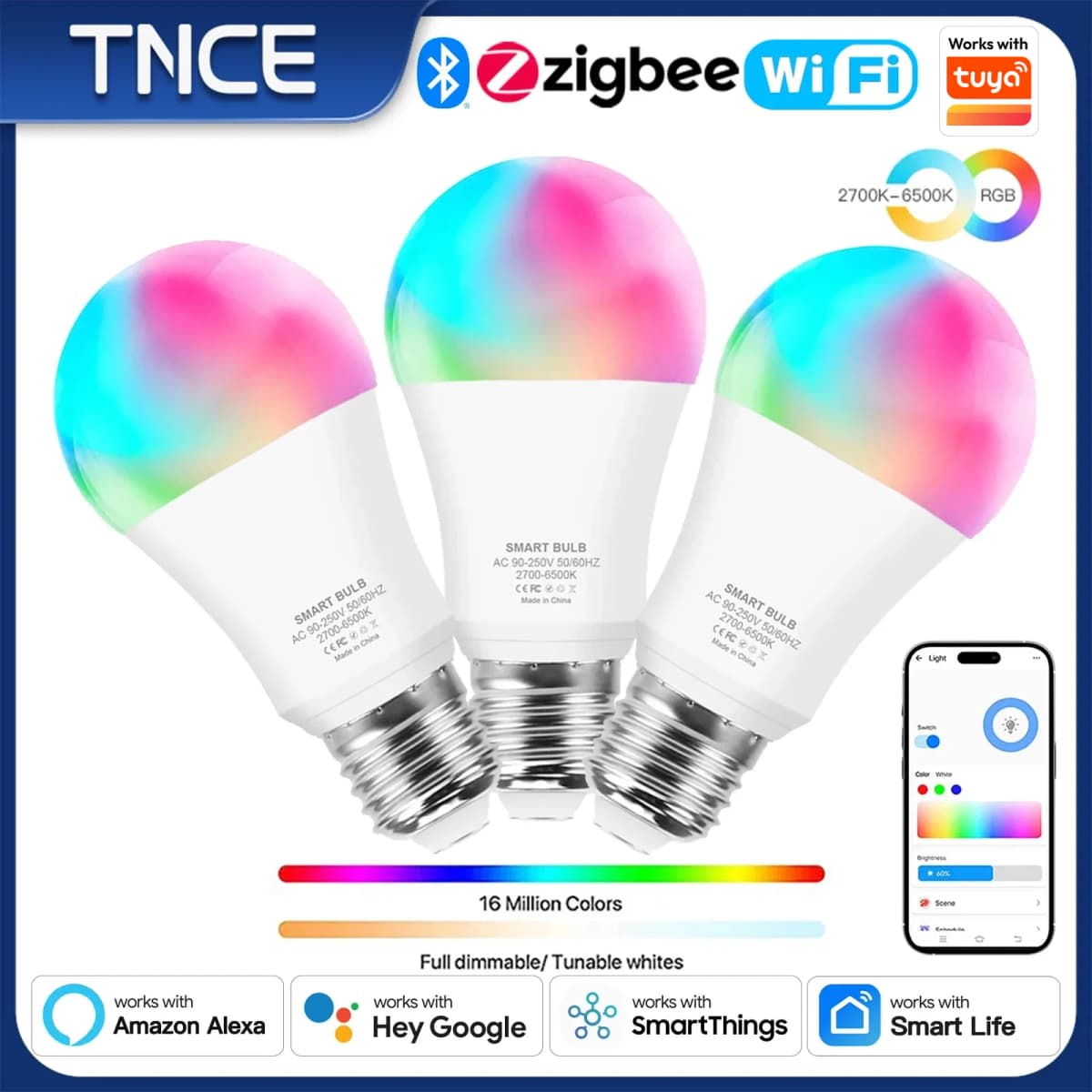 TNCE Tuya E27 Bulb WIFI Zigbee Bluetooth, Dimmable Light LED Lamp 2700-6500k RGB, Smart Life APP, Voice with Alexa Google Home