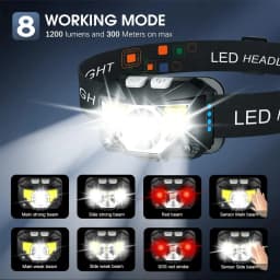 1200 Lumen Bright Headlamp Flashlight LED Rechargeable Headlight Red Light Waterproof Motion Sensor Head Lamp Fishing Head Light