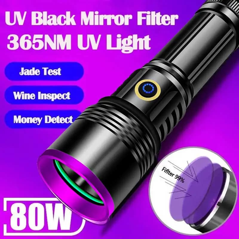 2024 New 80W 365nm UV Flashlight USB Rechargeable UV Light Powerful Black Light Flashlight for Pet Urine Detection, Resin Curing