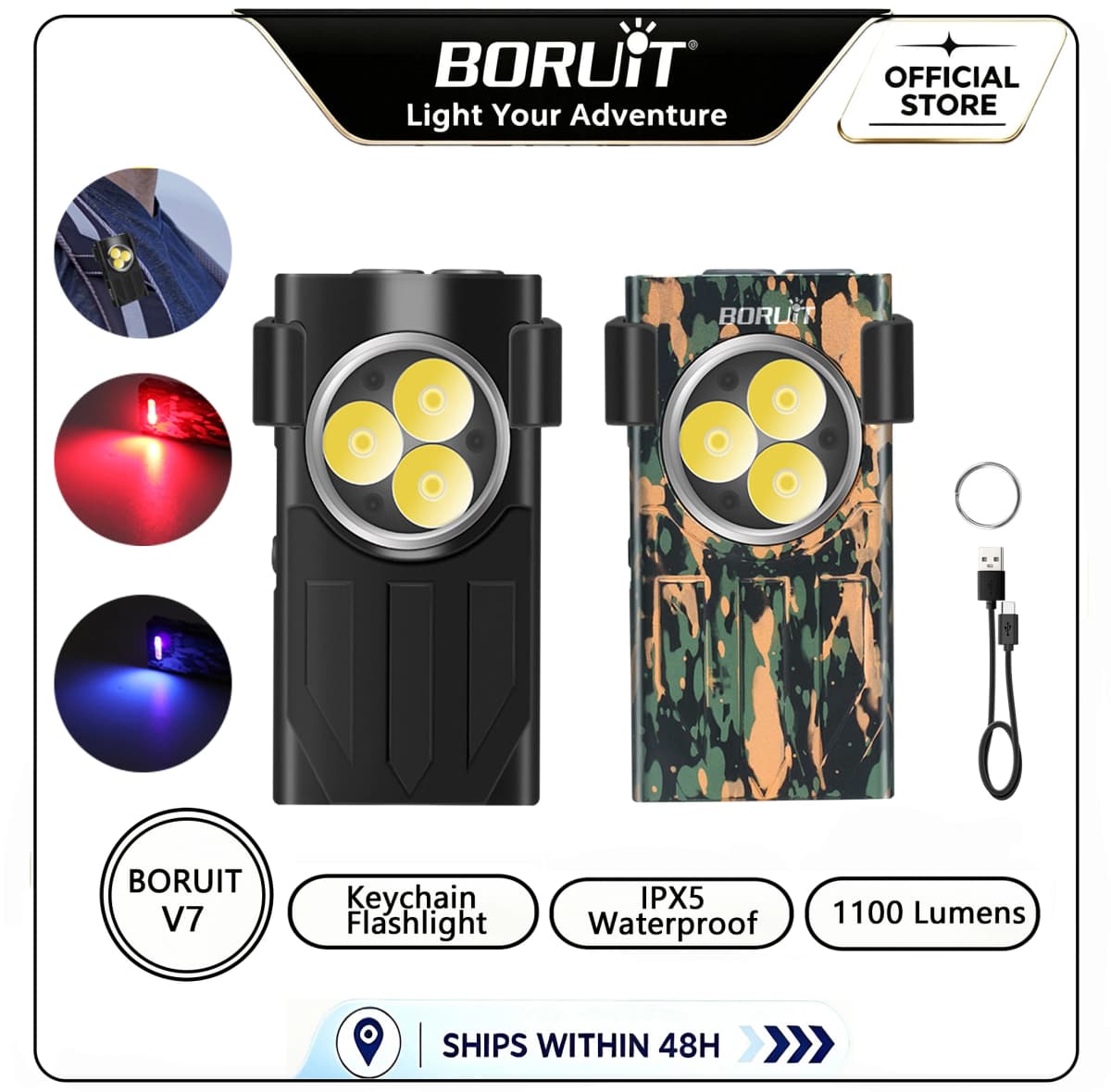 BORUiT V7 LED EDC Keychain Flashlight 1100LM USB-C Rechargeable Mini Torch with Clip Magnet Red UV Light Camping Pocket Lantern