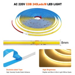 AC 220V COB LED Strip Light 5M 10M 20M 50M Flexible COB LED Tape with Adhesive Tape 240LEDs High Density Linear Lighting Ribbon