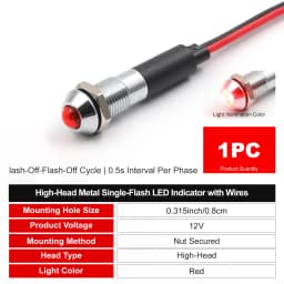 FILN 8mm 12V 24V Metal LED Flashing Indicator Light High-Head Single Flash Signal Lamp Pilot Dash Directional Wired Red Warning