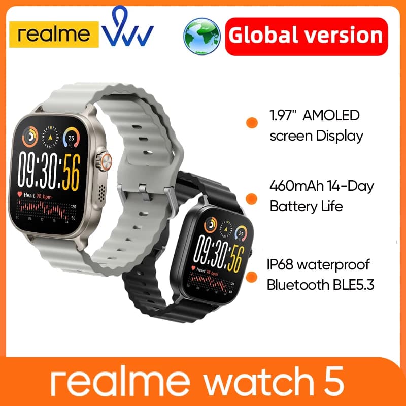 Global Version realme watch 5 1.97" 600nits AMOLED 460mAh 14-Day Battery Life 300+ Themes Support GPS GNSS IP68 waterproof