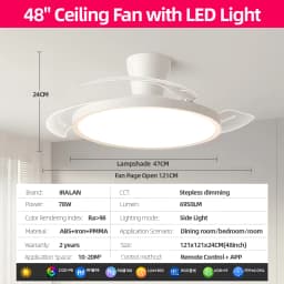 IRALAN Modern Invisible Ceiling Fan with LED Light DC Motor Large Air Volume Remote Control for Bedroom Dining Room