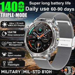 Newly Durable 1400mAh Large Battery Smart Watch Men 1.7" HD Screen IP68K Waterproof LED Flashlight Sports BT Call Smart Bracelet