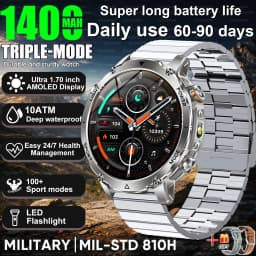 Newly Durable 1400mAh Large Battery Smart Watch Men 1.7" HD Screen IP68K Waterproof LED Flashlight Sports BT Call Smart Bracelet