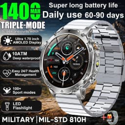 Newly Durable 1400mAh Large Battery Smart Watch Men 1.7" HD Screen IP68K Waterproof LED Flashlight Sports BT Call Smart Bracelet
