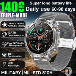 Newly Durable 1400mAh Large Battery Smart Watch Men 1.7" HD Screen IP68K Waterproof LED Flashlight Sports BT Call Smart Bracelet