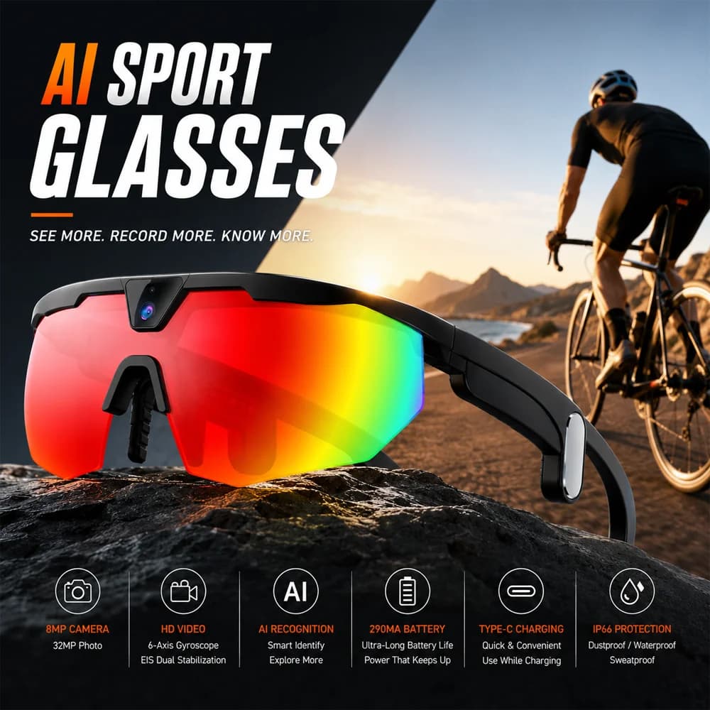 Outdoor Sports Sunglasses 2026 New Smart Cycling Glasses BT Call AI Translation AI Conversation 32MP HD Photo 8MP HD Camera