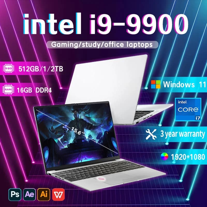 Windows 11 Pro Portable Notebook Intel Core I9-9900 15.6 inch Laptop Computer HD Screen 16GB RAM 1TB 2TB SSD Laptops PC