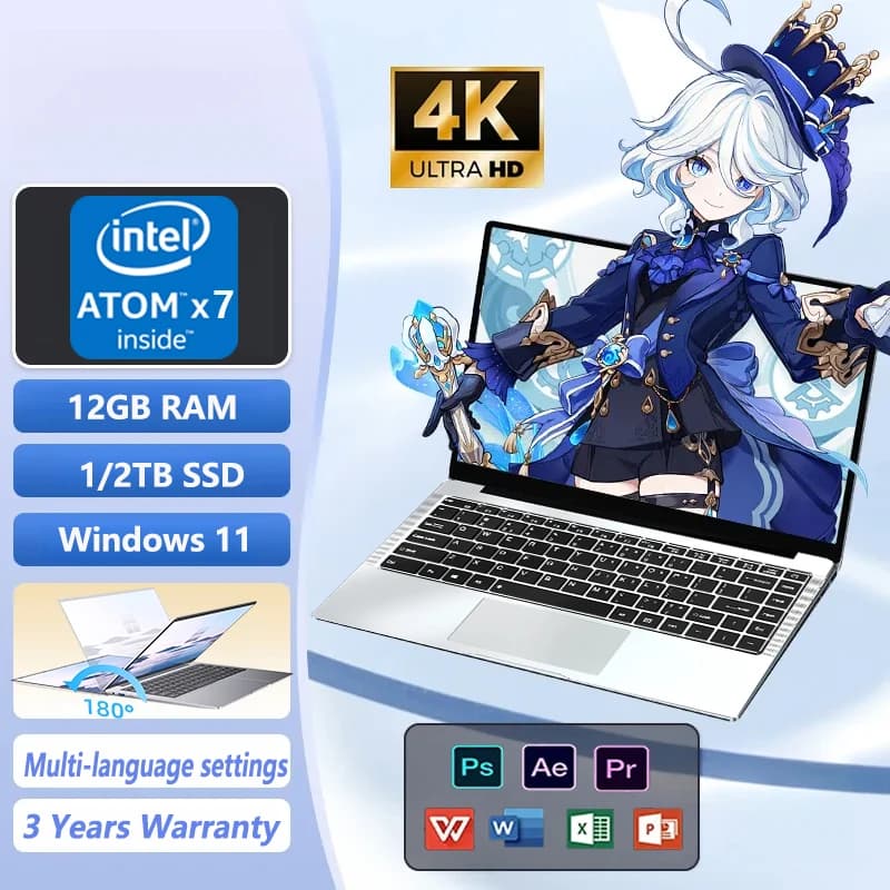14.1" Laptop Computer Windows 11 Intel Atom x7 A3950 Notebook PC Gamer 12GB RAM 512GB 1TB SSD 1920*1080 Office Computer