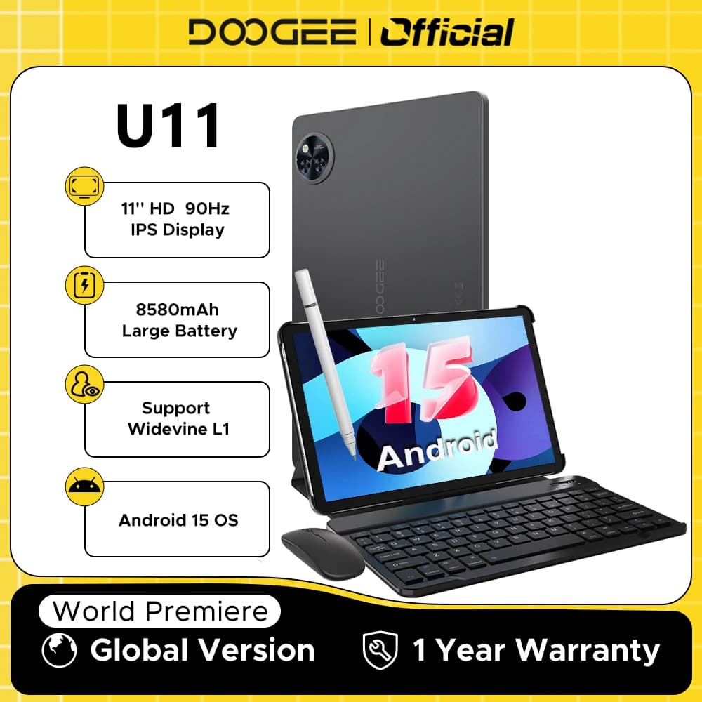 DOOGEE U11 Android 15 Tablet 11' Ultra-clear 90Hz Display 16GB(4+12) 128GB 8580mAh Battery Unisoc T606 Octa-core Dual Speaker