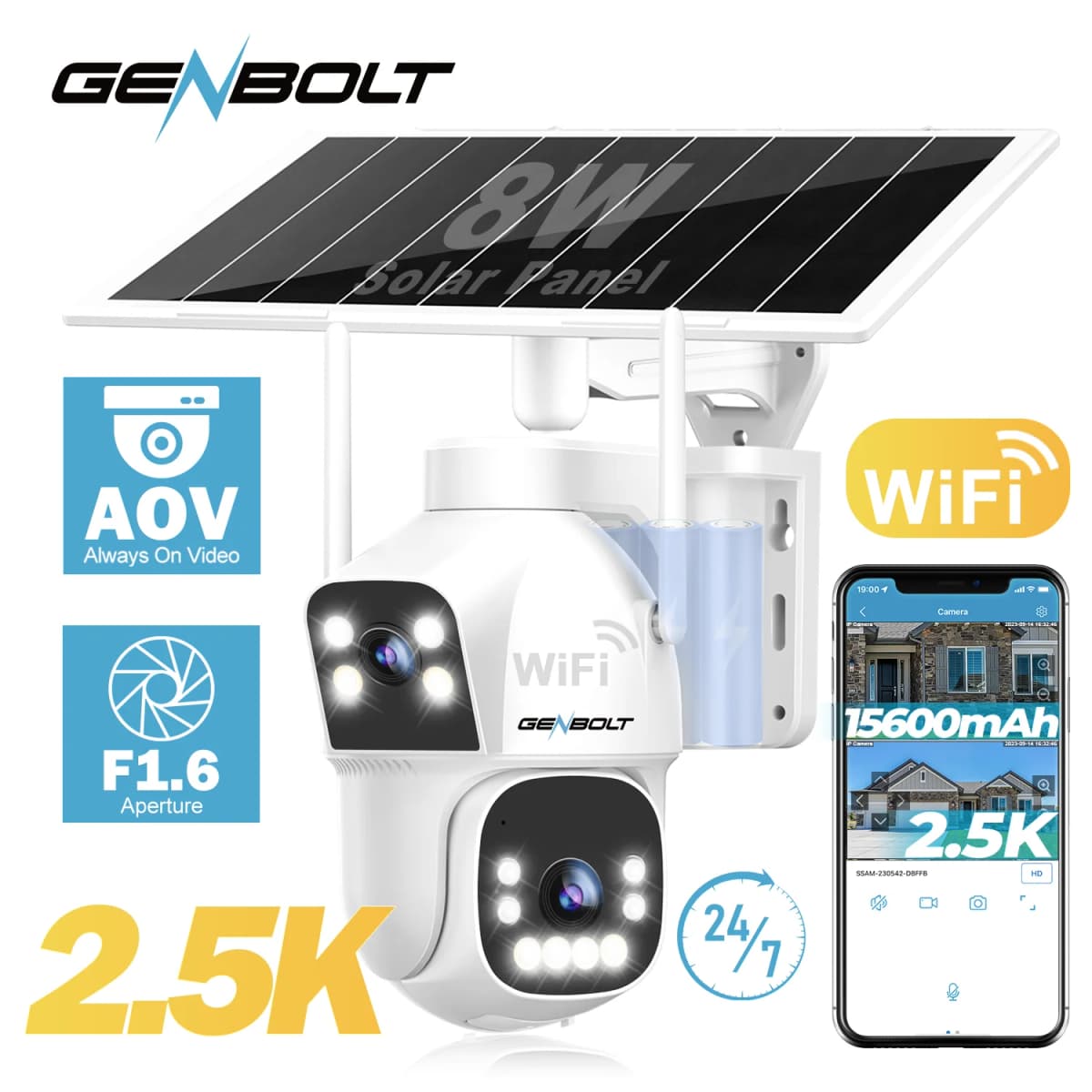 2.5K Outdoor Solar Security WIFI Camera AOV 24/7, Dual Motion Detection, with SIM, 15600mAh Night Vision for Patio/Garage GENBOL