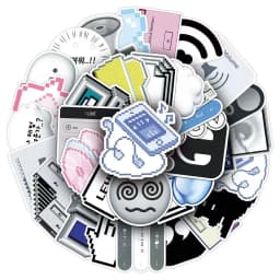 50Pcs Retro Pixel Cyber Y2K Sticker Pack, Vintage Windows XP UI & Black Cat Aesthetic Decals for Laptop, Phone Case & DIY Decor
