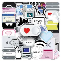 50Pcs Retro Pixel Cyber Y2K Sticker Pack, Vintage Windows XP UI & Black Cat Aesthetic Decals for Laptop, Phone Case & DIY Decor