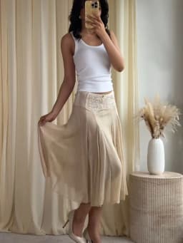 2026 Spring Summer Solid Sheer Chiffon Skirt Lace Slim Waist Pleated A-line Applique Midi Skirts Elegant Fashion Women Outfits