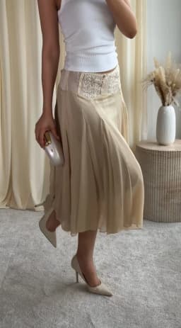 2026 Spring Summer Solid Sheer Chiffon Skirt Lace Slim Waist Pleated A-line Applique Midi Skirts Elegant Fashion Women Outfits