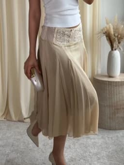 2026 Spring Summer Solid Sheer Chiffon Skirt Lace Slim Waist Pleated A-line Applique Midi Skirts Elegant Fashion Women Outfits