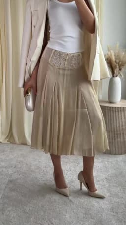 2026 Spring Summer Solid Sheer Chiffon Skirt Lace Slim Waist Pleated A-line Applique Midi Skirts Elegant Fashion Women Outfits