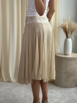 2026 Spring Summer Solid Sheer Chiffon Skirt Lace Slim Waist Pleated A-line Applique Midi Skirts Elegant Fashion Women Outfits
