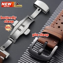 Butterfly Clasp Perforated Breathable Watch Strap 18/19/21/24/20/22mm Smartwatch Leather Vintage Wristband Black Pin Buckle Band