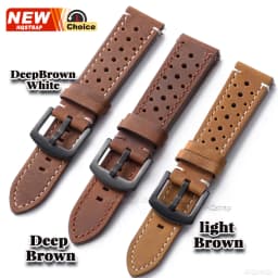 Butterfly Clasp Perforated Breathable Watch Strap 18/19/21/24/20/22mm Smartwatch Leather Vintage Wristband Black Pin Buckle Band