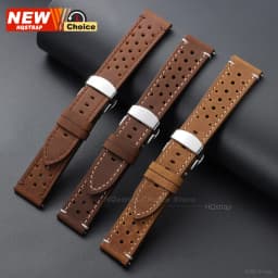 Butterfly Clasp Perforated Breathable Watch Strap 18/19/21/24/20/22mm Smartwatch Leather Vintage Wristband Black Pin Buckle Band