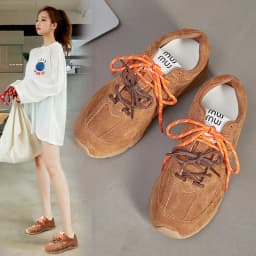 Beige Retro Casual Sneakers For Women Suede Upper With Double Green And Brown Laces Round Toe Comfortable Flat Sole Versatile